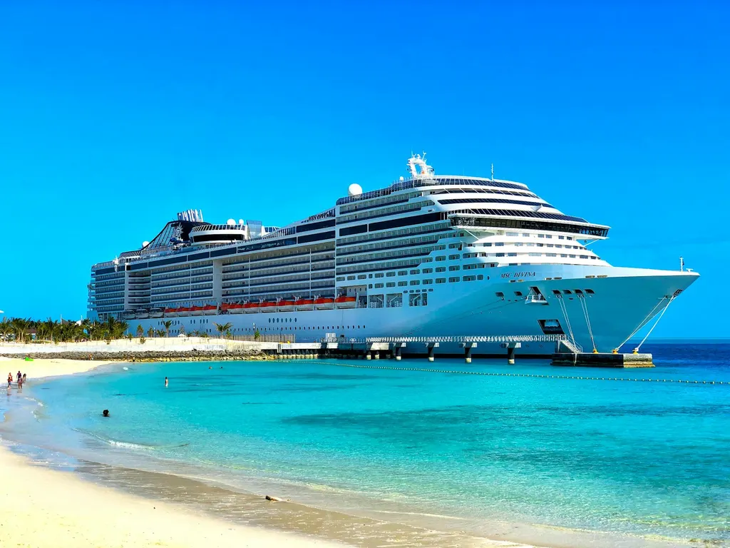 A cruise ship lido deck with rows of sun loungers